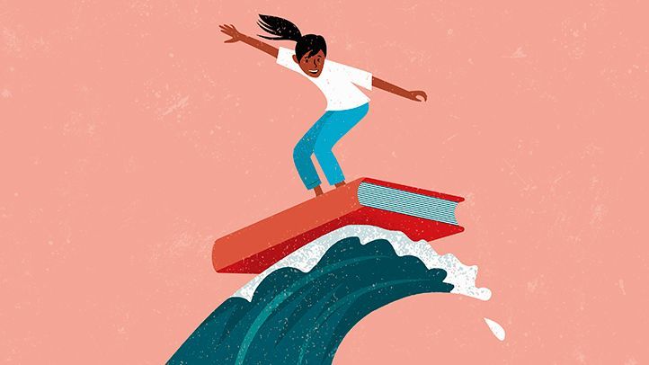 illustration of a child surfing on a book