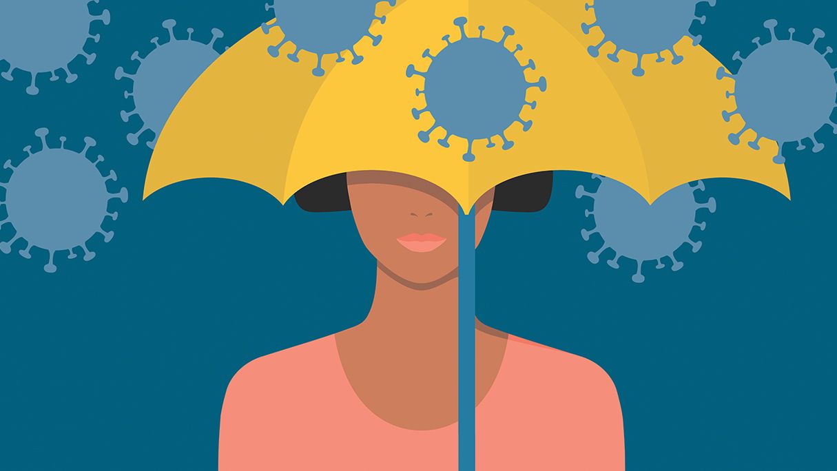 woman with yellow umbrella and coronavirus 