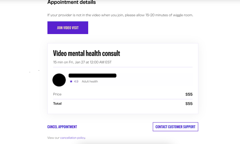 sesame care video mental health consult screenshot
